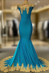 High Neck Mermaid Gold Lace Evening Prom Dresses with Chic Keyhole