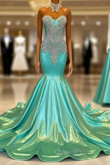 High Neck Mermaid Mint Green Satin Evening Prom Dresses