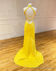 High Neck Mermaid Yellow Prom Dress with Split