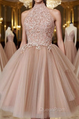 High Neck Open Back Short Champagne Lace Evening Prom Dresses, Backless Champagne Lace Formal Graduation Dresses, Champagne Lace Homecoming Dresses