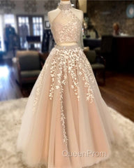 High Neck Open Back Tulle Evening Prom Dresses Two Piece Quinceanera Dresses Ball Gowns