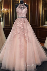 High Neck Pink Lace Evening Prom Dresses, Pink Lace Formal Evening Graduation Dresses