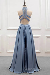 High Neck Two Pieces Blue Lace Long Evening Prom Dresses, 2 Pieces Blue Lace Formal Dresses, Blue Evening Dresses