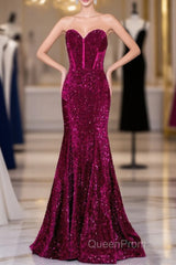 Hot Fuchsia Sequin Mermaid Evening Prom Evening Dresses Sweetheart