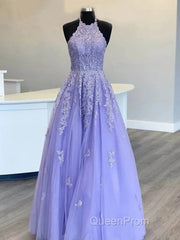 Hot Halter Purple Evening Prom Dresses Lace Long Graduation Evening Dresses
