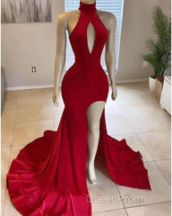 Hot Long Red Evening Prom Dresses High Neck Satin Mermaid Evening Dresses Uk Split