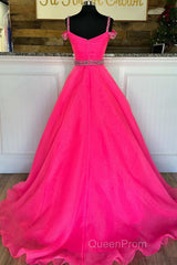 Hot Pink Beaded Cold-Shoulder A-Line Evening Prom Dresses