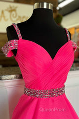 Hot Pink Beaded Cold-Shoulder A-Line Evening Prom Dresses