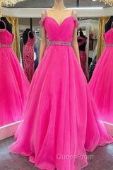 Hot Pink Beaded Cold-Shoulder A-Line Evening Prom Dresses