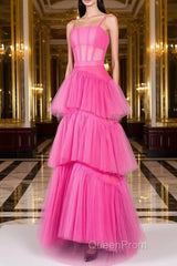 Hot Pink Long Tulle Evening Prom Dresses, Hot Pink Long Tulle Formal Evening Dresses