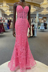 Hot Pink Mermaid Lace Evening Prom Dresses, Hot Pink Mermaid Lace Formal Evening Dresses