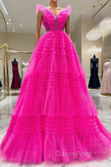 Hot Pink Tulle Long Evening Prom Dresses, Hot Pink Long Formal Graduation Dresses