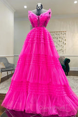Hot Pink Tulle Long Evening Prom Dresses, Hot Pink Long Formal Graduation Dresses