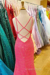 Hot Pink V Neck Sequins Long Evening Prom Dresses Crossed Back Mermaid With Slit