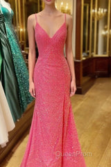Hot Pink V Neck Sequins Long Evening Prom Dresses Crossed Back Mermaid With Slit