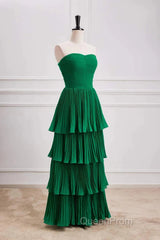 Hunter Green A-Line Chiffon Strapless Layers Long Evening Prom Dresses Formal Evening Dresses