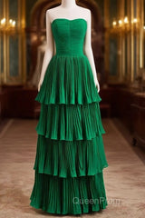 Hunter Green A-Line Chiffon Strapless Layers Long Evening Prom Dresses Formal Evening Dresses