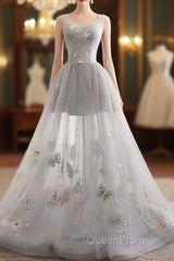 Illusion Tulle Short A-Line Gray Evening Prom Dresses,