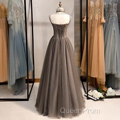 A-Line Evening Prom Dresses Open Back Dresses Formal Wedding Party Floor Length Sleeveless Spaghetti Strap Tulle with Pleats