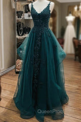 Ink Blue Evening Prom Dresses, A-line V Neck Sleeveless Lace Tulle Long/Floor-Length Evening Prom Dresses With Beading