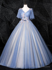 Is Now Available. Blue Ball Gown Tulle Appliques Pearls Pleats Quinceanera Dress