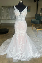 Ivory Appliques Plunge V Trumpet Long Bridal Gown Sexy