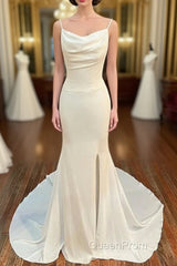 Ivory Cowl Neck Backless Mermaid Long Wedding Dresses With Slit