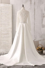 Ivory Lace And Satin V-Neck Long Sleeve Beaded Wedding Dresses