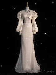 Ivory Satin Sequins Puff Sleeve Wedding Dress