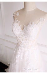 Ivory Tulle With Lace Round Neckline Long Wedding Party Dresses, Ivory Tulle Evening Prom Dresses