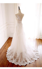 Ivory Tulle With Lace Round Neckline Long Wedding Party Dresses, Ivory Tulle Evening Prom Dresses