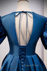 Blue V Neck Satin Short Sleeves Long Evening Prom Dresses Blue Satin Evening Dresses