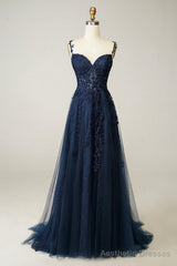 Navy Tulle and Lace Long Prom Dress, Lovely Spaghetti Strap Evening Dress