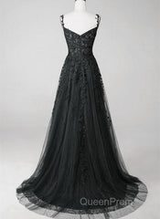 Black Sweetheart Tulle With Lace Long A-Line Evening Prom Dresses, Black Formal Dresses
