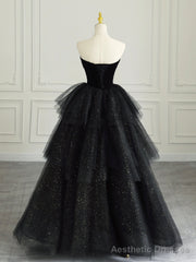 Black Strapless Tulle Formal Dress with Velvet, A-Line Sweetheart Neck Long Prom Dress