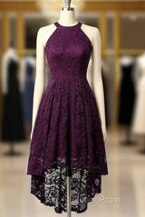 Lace Asymmetrical Halter Grape Lace Homecoming Dresses