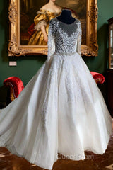 Lace Beaded Vintage Wedding Dresses Long Sleeves Sheer Neck Bridal Dresses Crystals Wedding Gowns Evening Prom Dresses