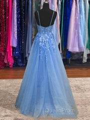 Lace Blue Evening Prom Dresses V Neck Long Formal Dresses Open Back
