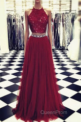 Lace Crop Top Tulle Evening Prom Dresses Two Piece Evening Gowns Beaded Sashes