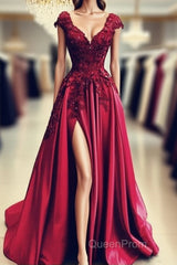 Lace Flowers Beaded Cap Sleeves V-Neck Evening Prom Dresses Split Evening Gowns