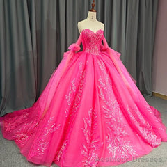 Lace Hot Pink Sequins Ball Gown Quinceaera Dress