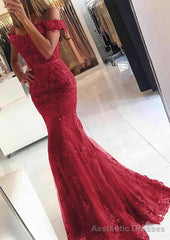 Lace Long/Floor-Length Trumpet/Mermaid Sleeveless Off-The-Shoulder Zipper Prom Dresses With Appliqued Beaded