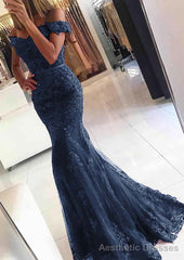 Lace Long/Floor-Length Trumpet/Mermaid Sleeveless Off-The-Shoulder Zipper Prom Dresses With Appliqued Beaded