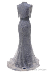 Lace Sequin Long Grey Prom Dresses High Neck Beaded Mermaid Long Evening Dresses
