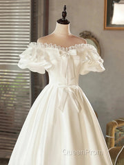 Lace Tea Length Bowknot White Satin Wedding Dresses