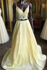 Lace Top Long Satin V Neck Two Pieces Yellow Evening Prom Dresses