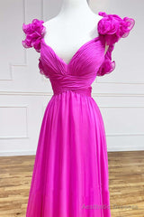 Lace-Up Fuchsia V-Neck Ruffle Pleated Long Prom Dress