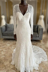 Lace V-Neck Lace-Up Back Long Sleeve Mermaid Wedding Dresses