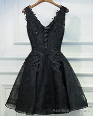 Lace V-neckline Short Black Lace Prom Dresses, Black Homecoming Dresses