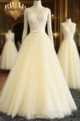 Lace Wedding Dresses, Lovely Light Champagne Tulle Long Lace Evening Prom Dresses